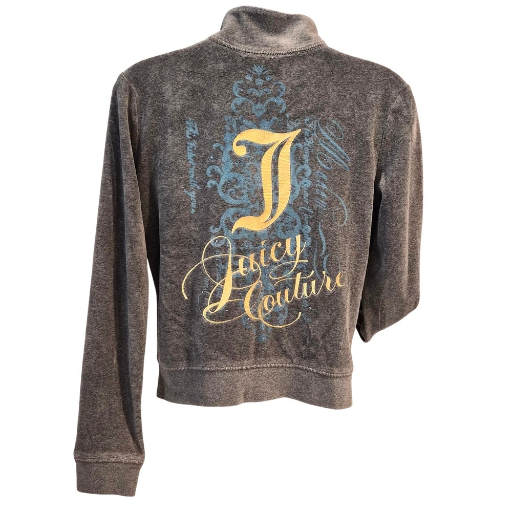 Juicy Couture Velour Track Jacket Gray Gold Graphic Logo Zip Up Hoodie Medium